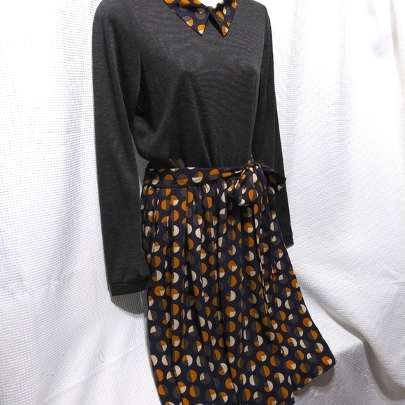 Lady JESSY B Retro Style Geometric DRESS Gray Cream Yellow Navy Sash Belt NWOT - Picture 11 of 12